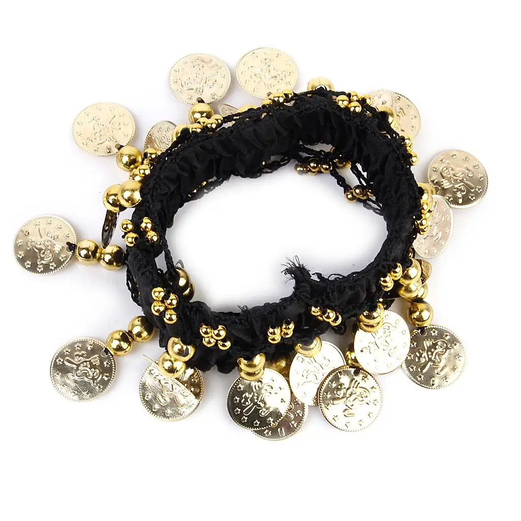 Golden Coins Belly Dance Bracelet Black Ankle Cuff Band Elastic Women Arm Jewelry for Dance Performance Costume