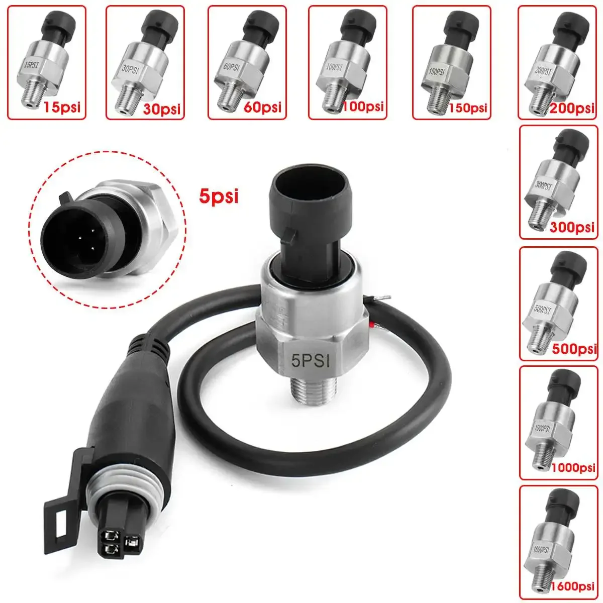 

1pc 5V 1/8NPT Oil Fuel Air Water Pressure Transducer Transmitter Sensor 5/15/30/60/100/150/200/300/500/1000/1600Psi