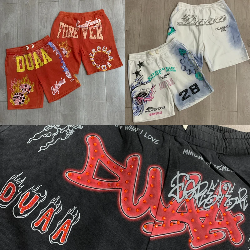 European American Trends DUAA Shorts Streetwear Sports Printed Rhinestone Duaa Casual Shorts Men Women