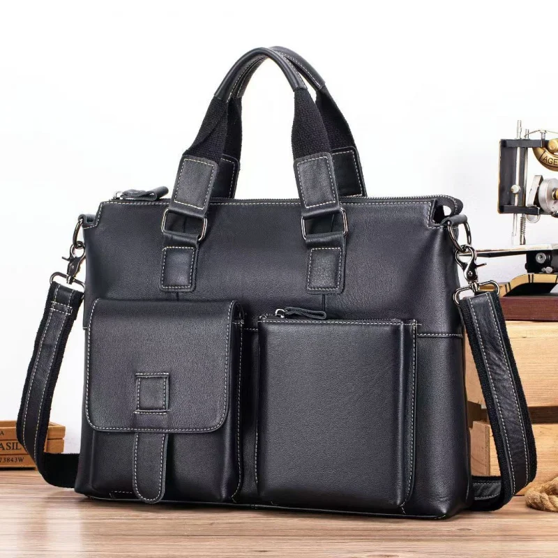 Retro men's shoulder bag, crossbody bag, genuine leather A4 business briefcase, large capacity handbag for commuting