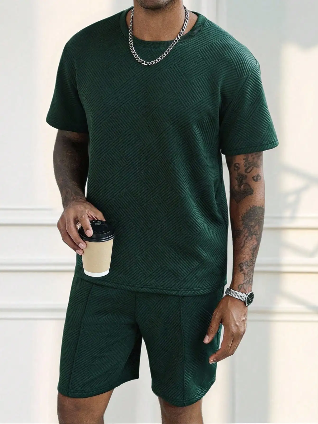 

Mens Casual Two-Piece Set With Textured Knit Short Sleeve Top And Shorts