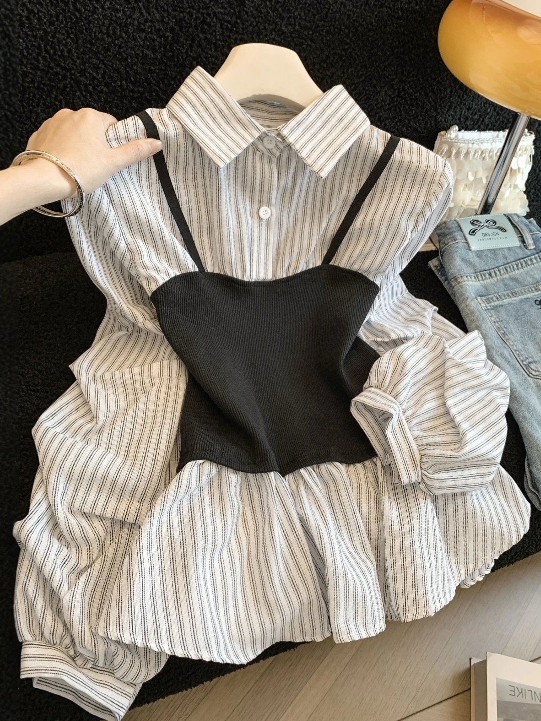 

Unique Korean Style Slimming Striped Shirt Women's Spring Fashion Long Sleeve Waist-Cinching Fake Two-Piece Shirt