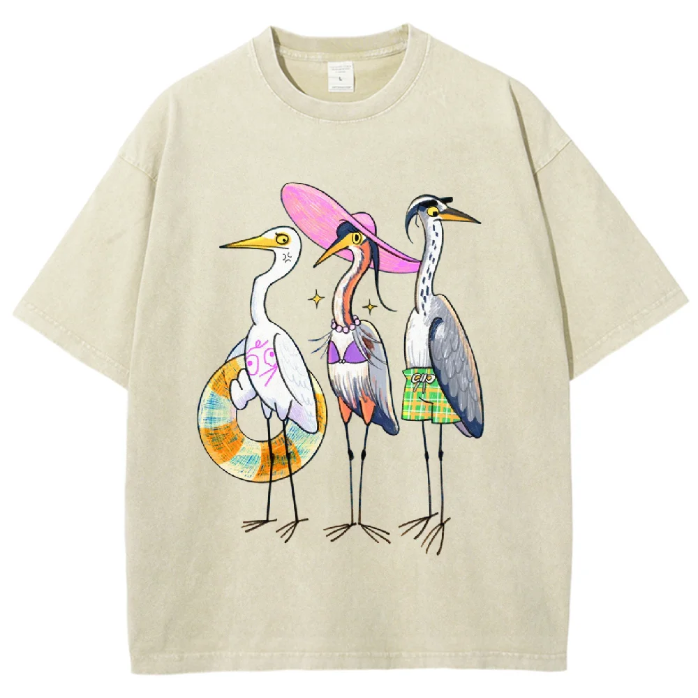 

Vacation Bird Character Graphic Oversized T-Shirt Vintage Washed Casual Cotton Loose Tees Harajuku Streetwear Fashion Comfortabl