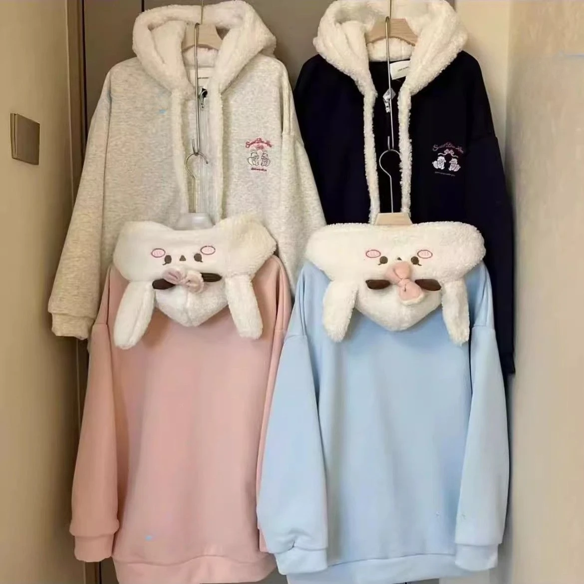 

Японские толстовки, лоскутные пальто, женские Y2k, эстетические кружевные куртки с кроличьими ушками, повседневные негабаритные толстовки в стиле Харадзюку Kawaii, топ