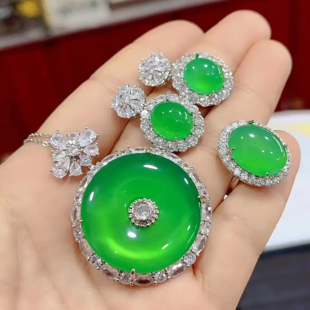 Silver plated inlaid ice green chalcedony safety buckle pendant, agate earrings ring, jade three piece set, temperament gift view 5