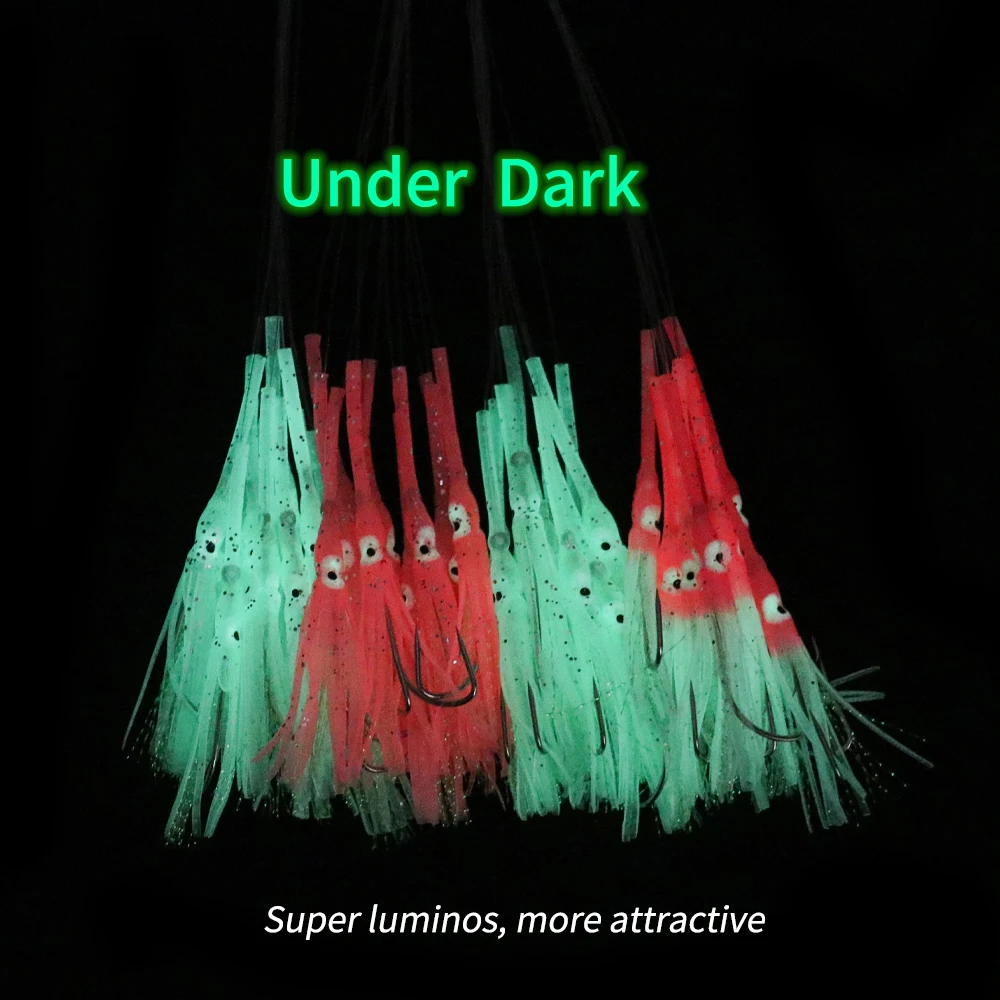 Elllv 10pcs 3/0 Hook Pre Tied Anti-bite Luminous Squid Skirts with Monofilament Line Saltwater Mackerel Herring Fishing Lure