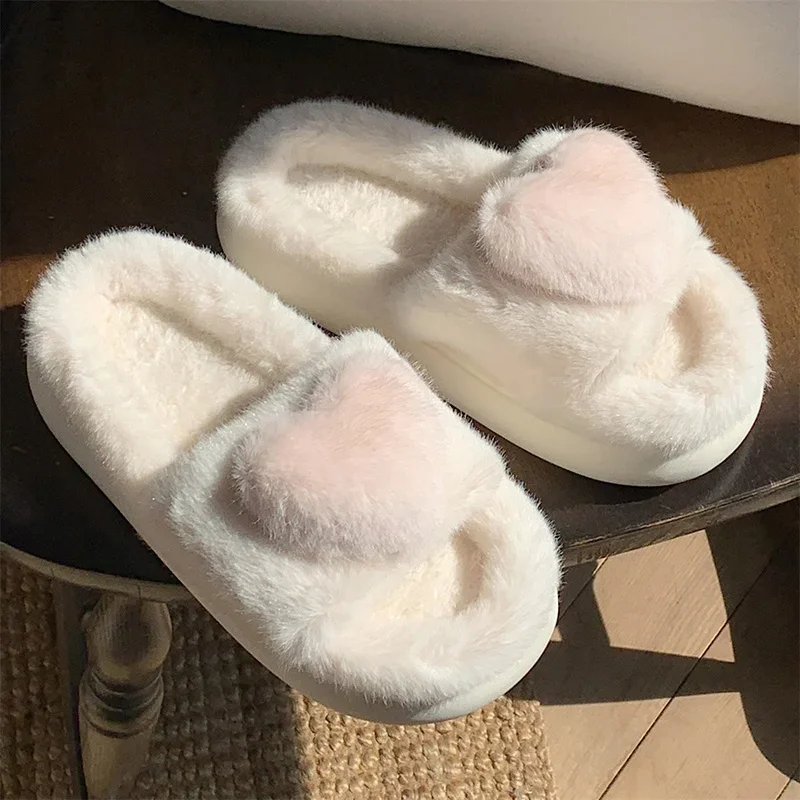 Women Fluffy Slippers Open Toe Soft Thick Sole Platform Slides Indoor Outdoor Home Winter Warm Plush Bedroom Non Slip Shoes