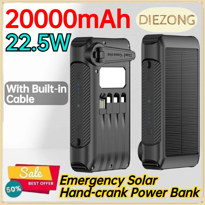 22.5W 20000mAh Emergency Solar Hand‑crank Power Bank for Mobile Phones & Tablets Mobile Phone Power Bank with Built‑in Cable