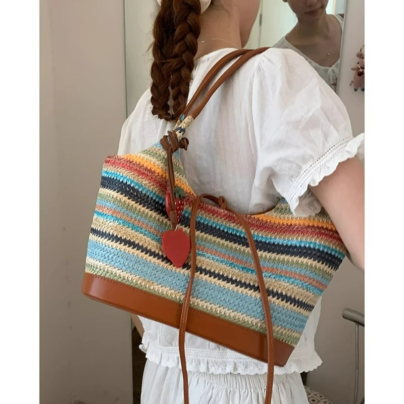 

Rainbow Striped Woven Bag Women's 2025 New Summer Handbag Large Capacity Vegetable Basket Bags
