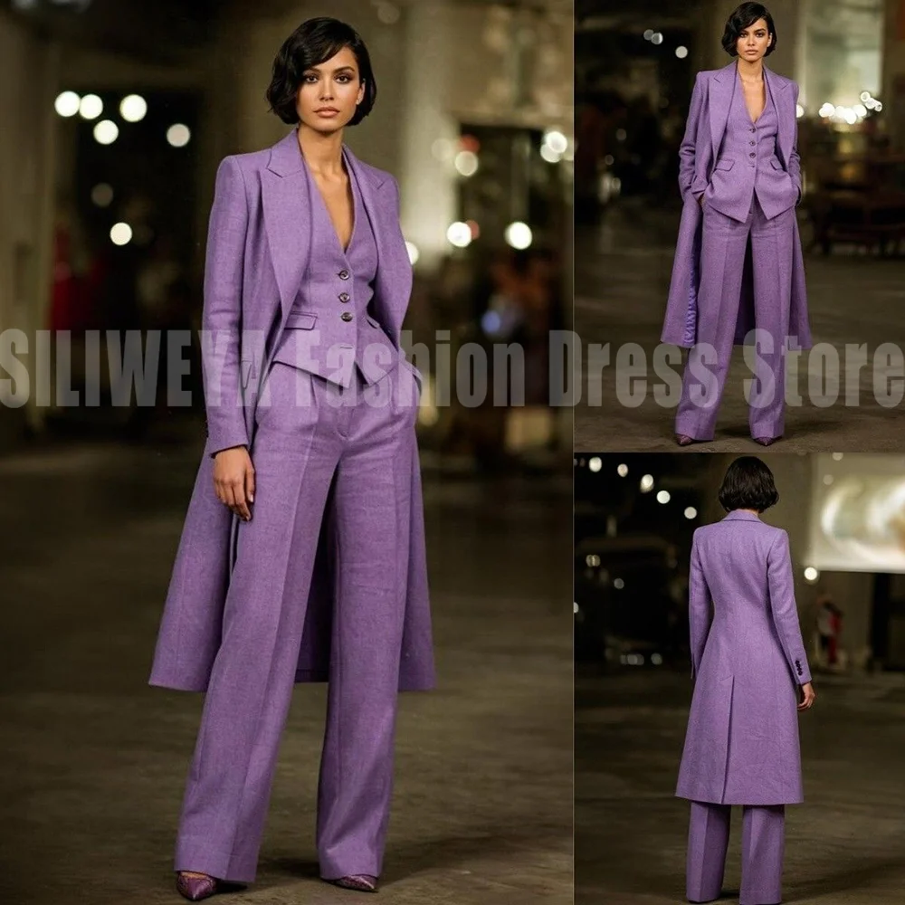 Elegant Purple Female Suit Smart Casual 3 Pieces Long Coat+Vest+Pants High Quality Boutique Fashion Trousers Conjuntos De Mujer