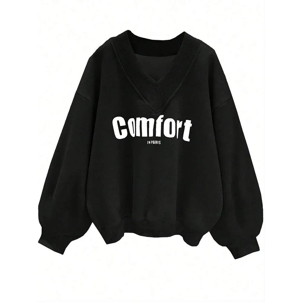 CPSYMYM Dames Sweatshirts Winter Casual Winter Letter Afdrukken Drop-Schouder Mouw V-hals Dagelijkse Sweatshirts