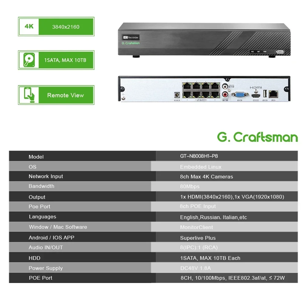 Gcraftsman 4K 8MP 8-قناة LPR NVR Superlive Plus APP VMS NDAA متوافق مع شبكة مسجل فيديو لكاميرا ANPR لوحة السيارة POE