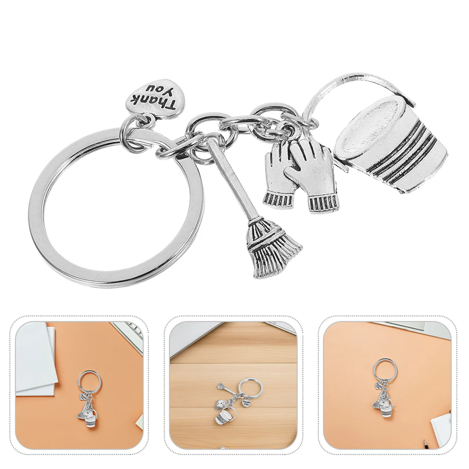 Lot de 6 porte-clés de remerciement, ensemble cadeau, avec breloques balai, seau à eau et gants de travail, pour le ménage et la reconnaissance