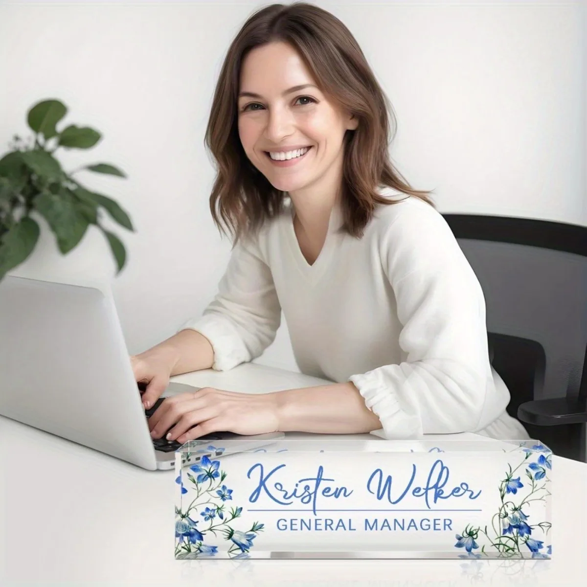 

[2D Плоская] Настольная табличка из акрила с синим цветочным узором, элегантное украшение для дома и офиса (только декор)