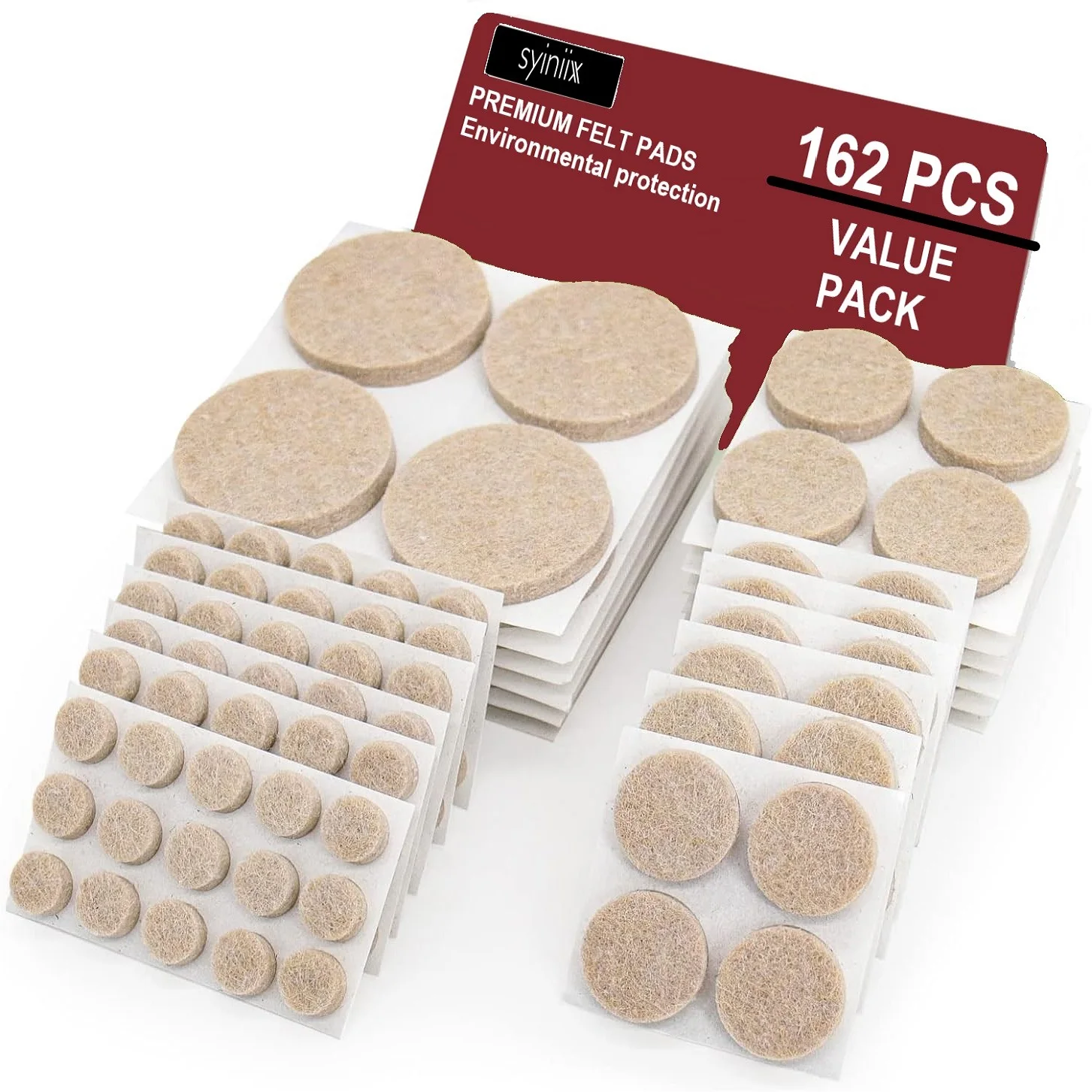 Felt Pads 162 PCS Beige, Felt Furniture Pads for Protecting Hardwood Floors, Round, Assorted Sizes Value Pac