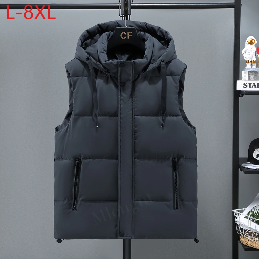 

Winter Men Vest Hat Detachable Sleeveless Jackets Thicken Warm Windproof Waistcoat Male Casual Coats Plus Size 8XL Men Clothing