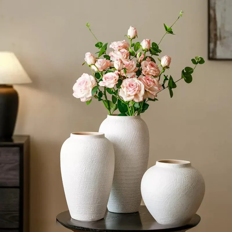 Matte White Textured Vase Trio Set Narrow Neck Curved Body Dry Stem Holding Vessel Living Room Table Top Floral Display Craft