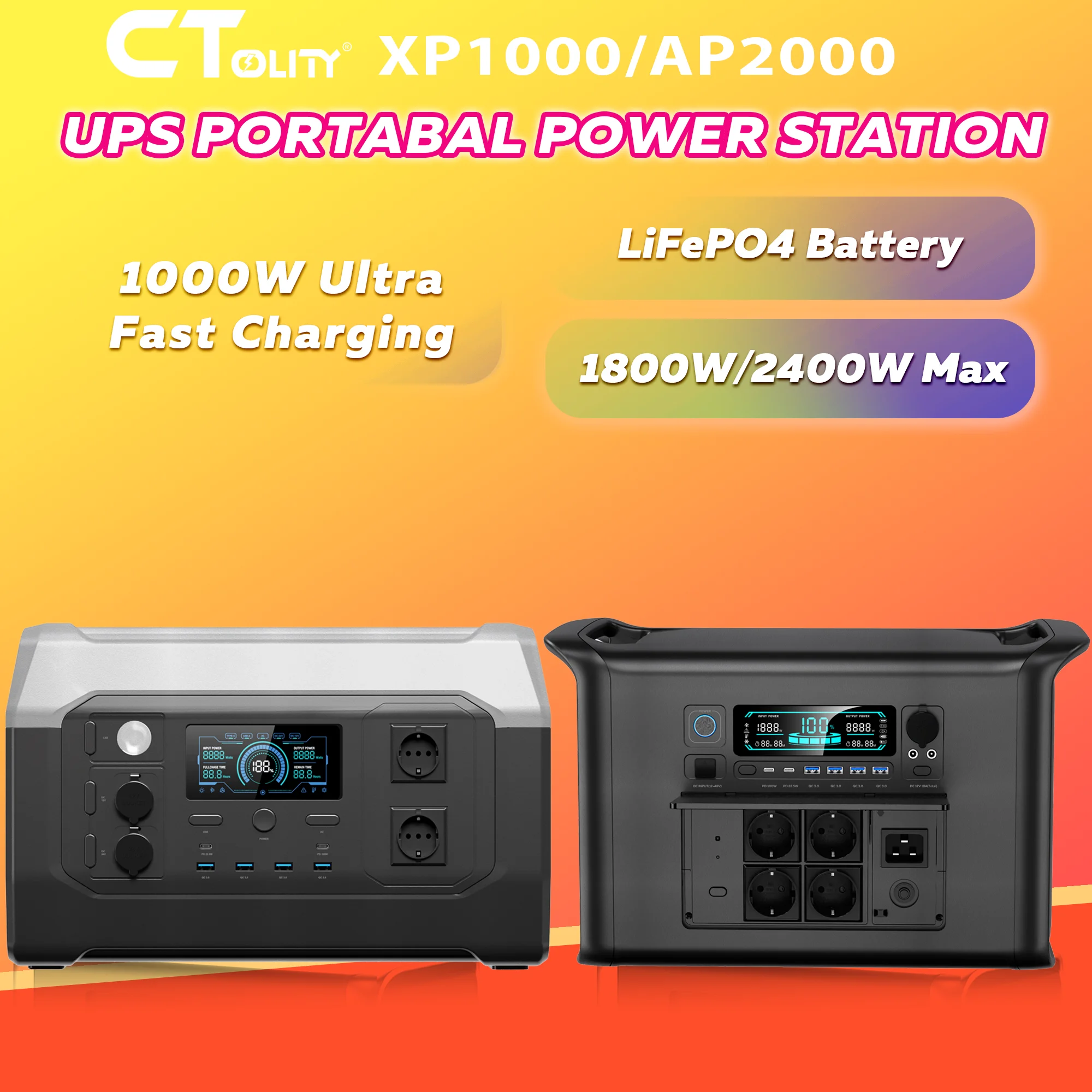 

CTOLITY 1800W/2400W Portable Power Station 1024Wh/2048WH Solar Generator Energy Storage Power Supply Camping LiFePO4 Batteries