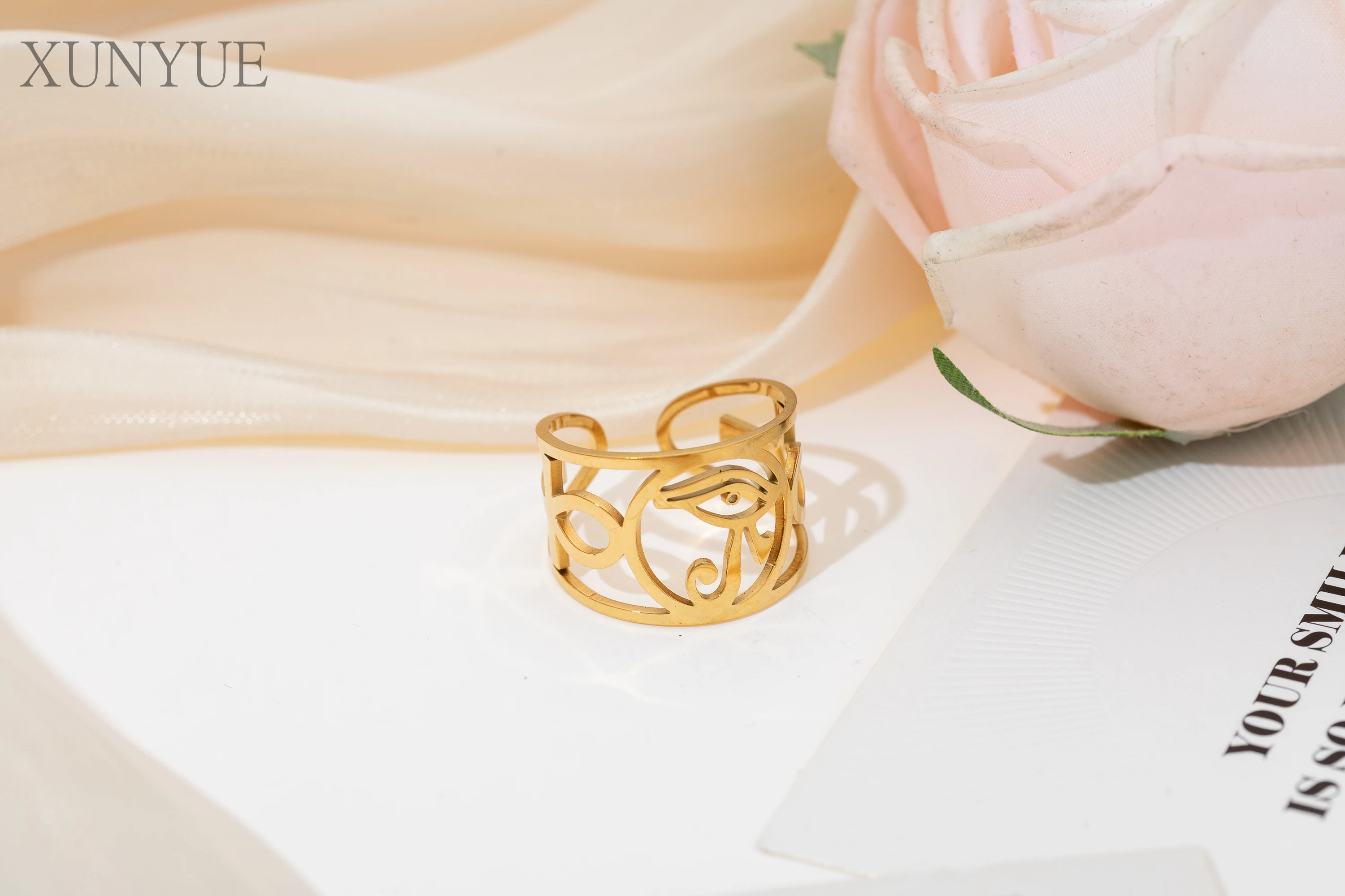 

XUNYUE Egyptian Horus Ten Words Stainless Steel No Fading No Stains Ankh Ring Amulet Pharaoh King Antique Jewelry Gifts For Men