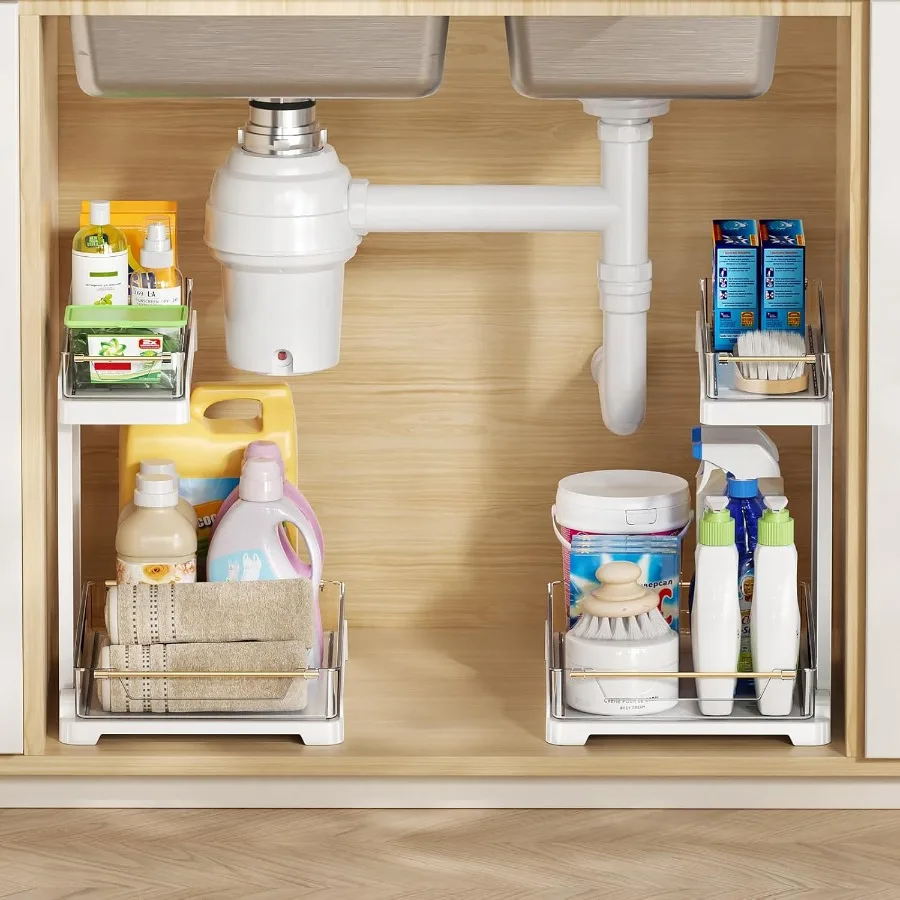 Under Sink Organizer 2Tier Metal Kitchen Under Sink Storage Shelf Bathroom Cabinet PullOut Organizer for Cleaning Supplies Dish