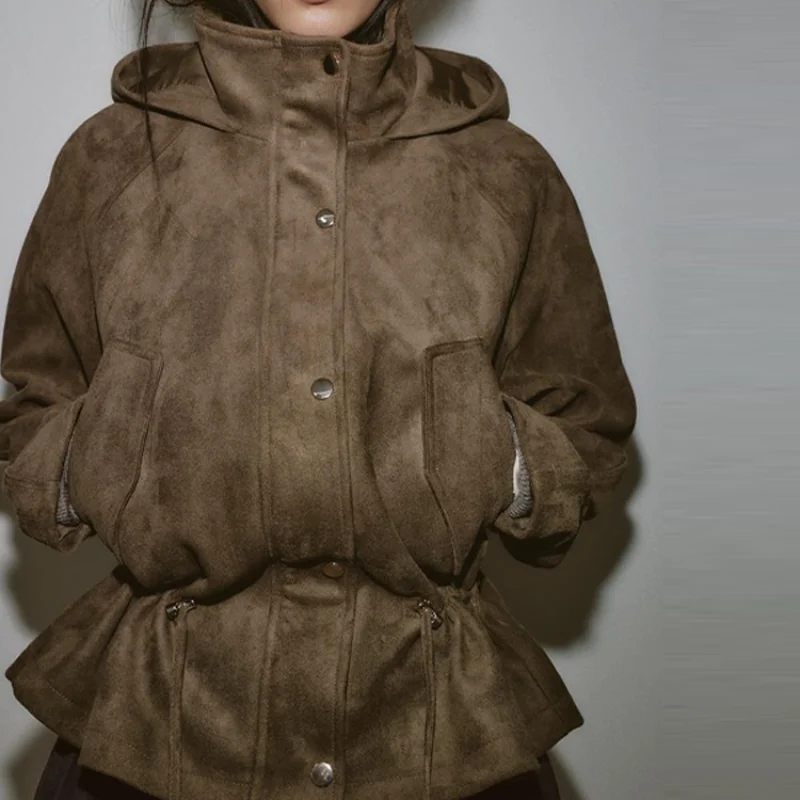 Veste Vintage à cordon de serrage pour femmes, couleur unie, manteaux à capuche à manches longues, nouvelle dame automne hiver 2025, vêtements d'extérieur pour les déplacements