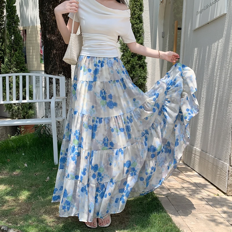  Blue Rose Print Chiffon Cake Skirt Women's Summer Cold Sensation Draping Ethereal A-Line Long Skirt High Waist Polyeste...