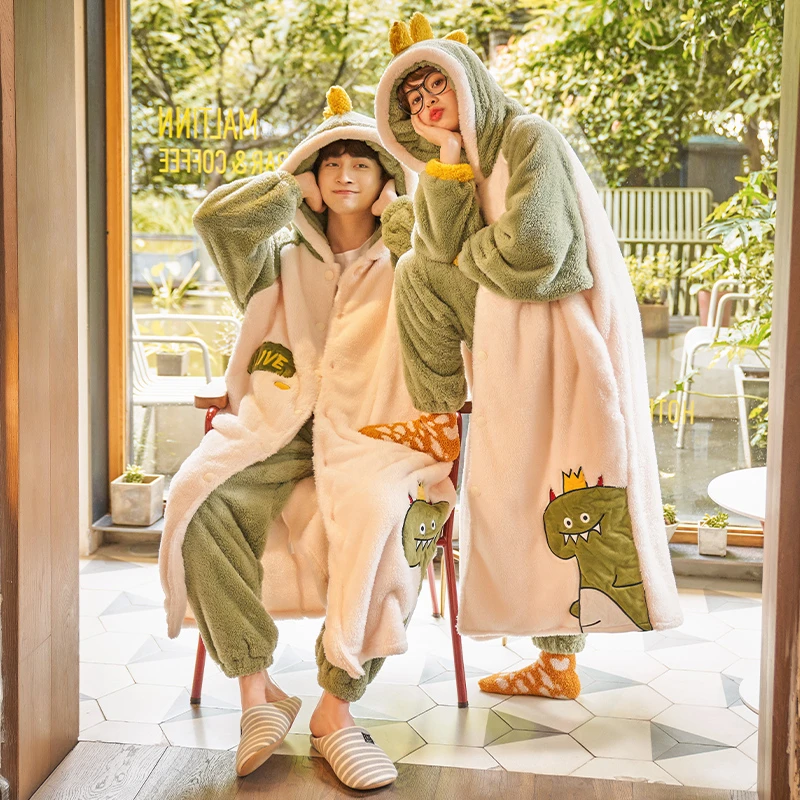 Couples Night-robe Women Men Pajamas Winter Thicken Nightgown Sleepwear Kawaii Crocodile Hooded Pijama With Pants Night Gown