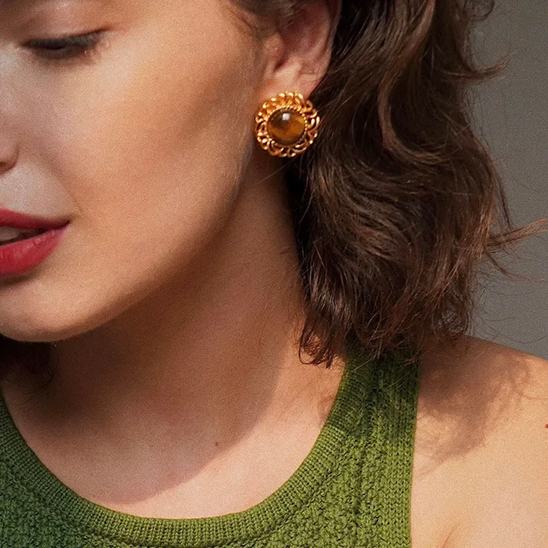 

Оригинальные ретро серьги с камнем «Тигровый глаз» для женщин, великолепные осенние стили, блестящие серьги с цветком, очаровательные ювелирные изделия для банкета, подарки