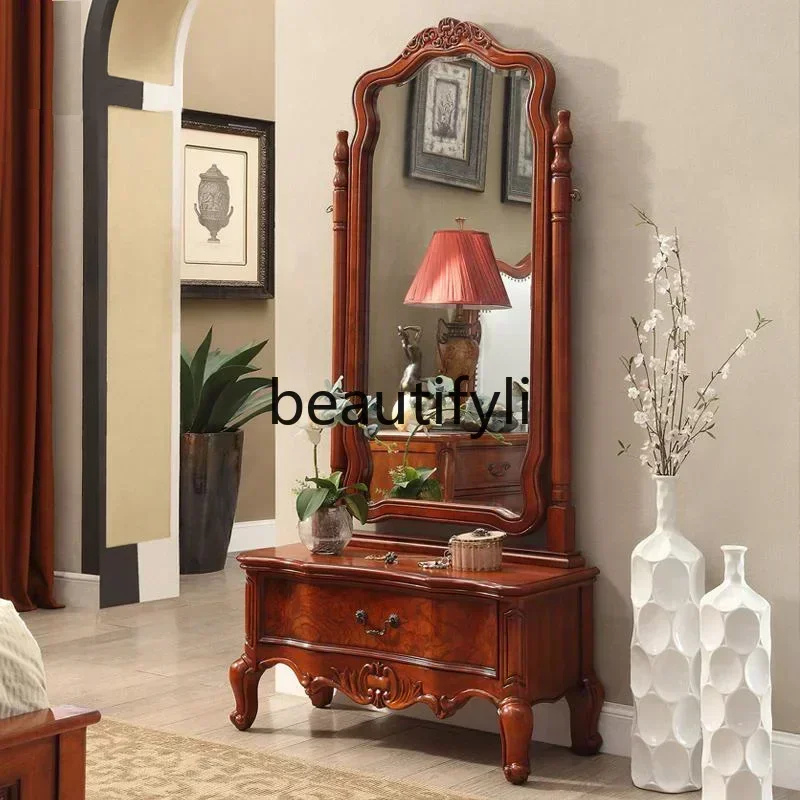 

yj5 American solid wood full body mirror classic retro floor mirror European carved fitting mirror with drawer storage cabinet
