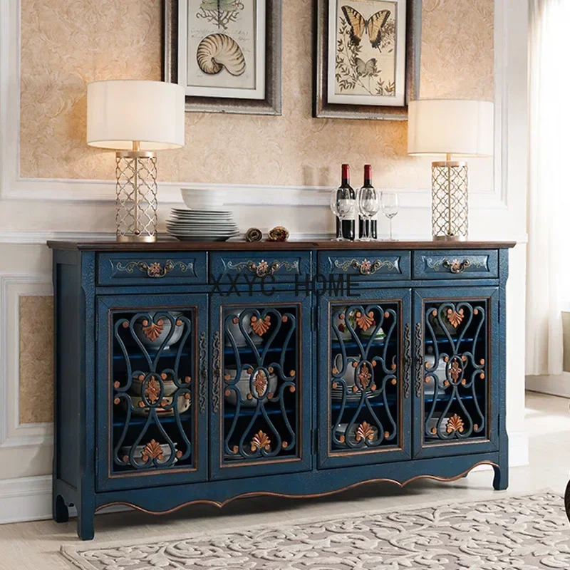 Solid Wood Drawer Cupboard Vintage Blue Wine Cabinet Hollow Entrance Cabinet Shoe Cabinet