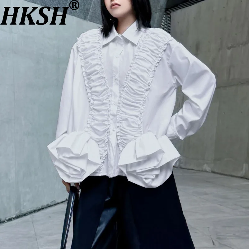

HKSH весна осень новая женская рубашка плиссированная лоскутная однобортная блузка с отложным воротником с рюшами высокого класса Ins топы HK14930