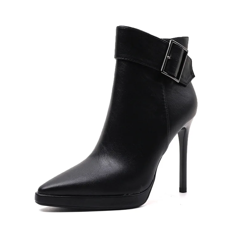 Women Thin High Heel Ankle Boots Fashion Zipper Boots Comfort Pointed Toe Buckle Fall Winter Women Boots Black Platform Shoes