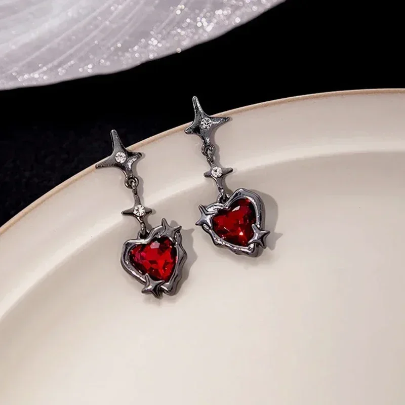 Y2K Goth Heart Cross Star Pendant Earrings Women Red Zircon Love Dangle Earring Gothic Irregular Tassel Earrings Fashion Jewelry