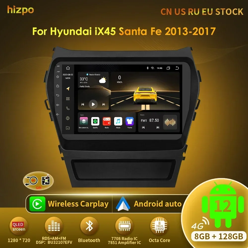 

Hizpo Carplay Android 12 For Hyundai IX45 Santa Fe 2013-2017 Car Radio Multimedia Player Video GPS QLED Screen Navigation 4G BT