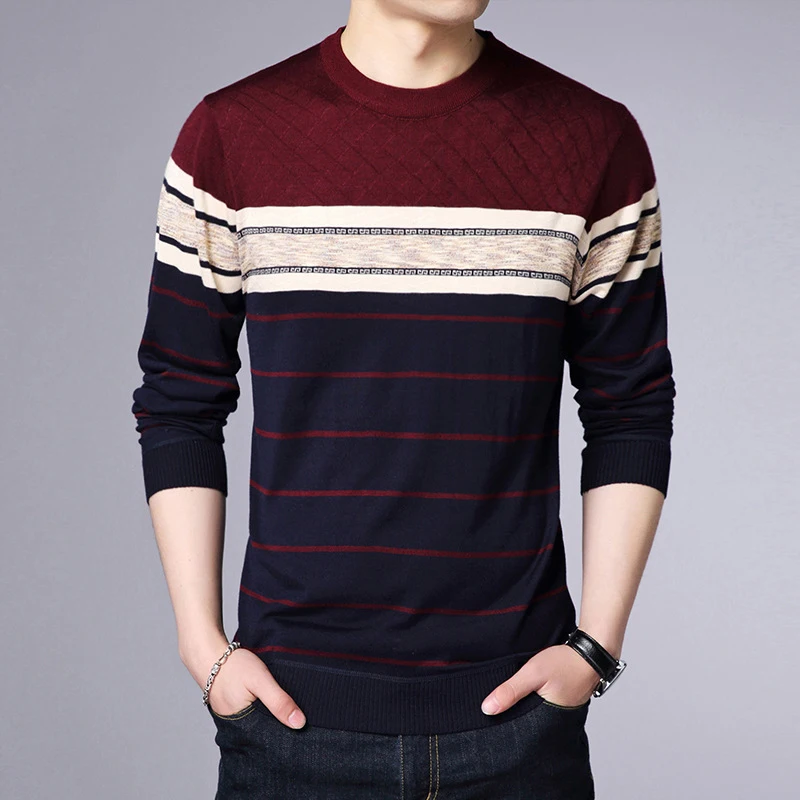 Men\'s Casual Striped Knit Spring and Autumn Long Sleeved Pullover Fashion Top