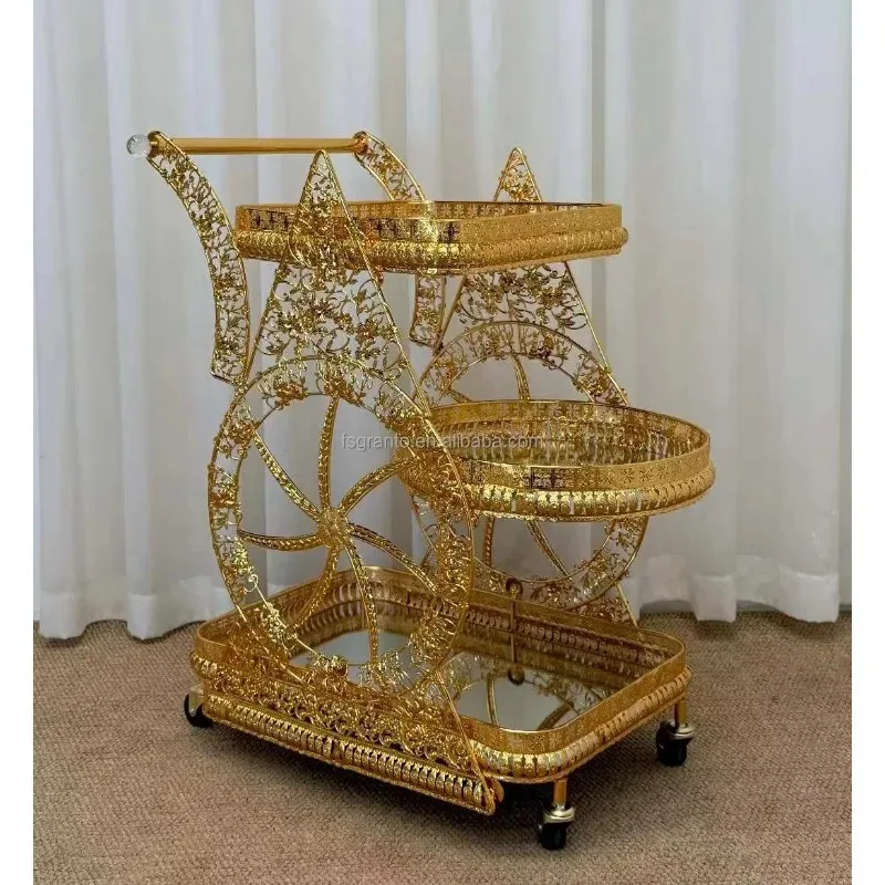 Luxury Mirror Golden Metal Dining Car Hotel Restaurant Festival Decoration Party Wedding Dessert Car Home Bar Drink Trolley