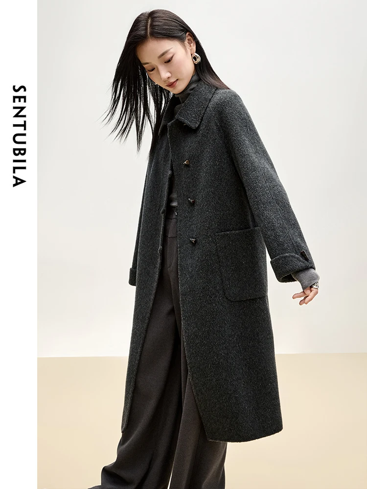 

SENTUBILA Women's 100% Wool Long Coat 2024 Winter Outerwears Bull Horn Buckle Big Pockets High Quality Woman Overcoat W44O55978