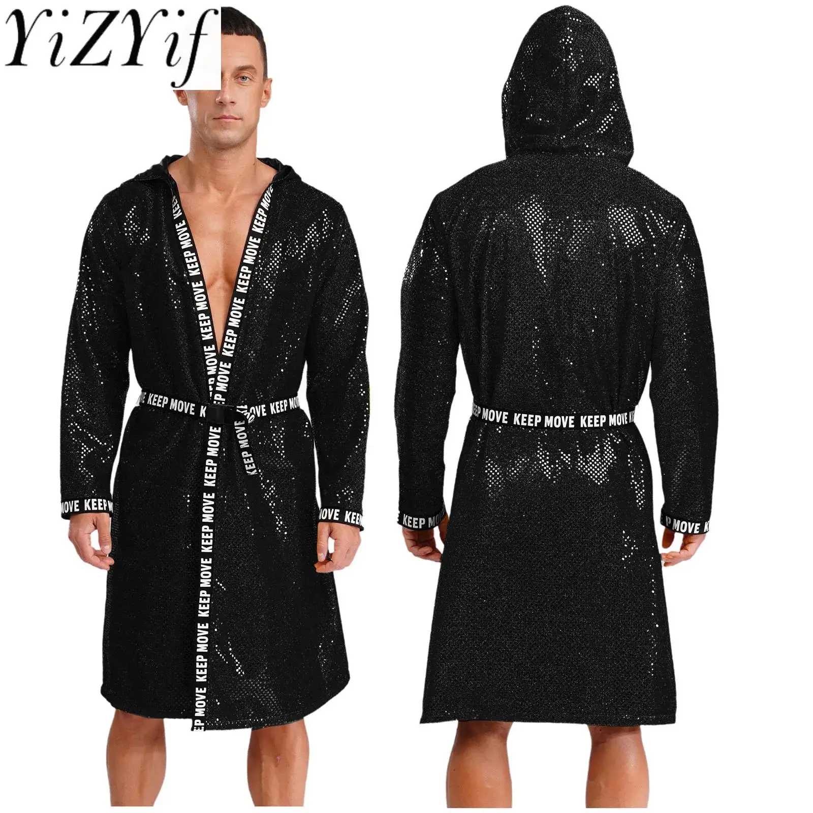 

Men Boxing Boxer Competition Robe Hooded Long Sleeve Glittery Boxing Robe With Belt for Halloween Party Boxer Cosplay Robe