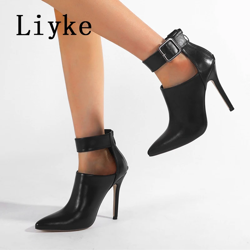 

Liyke Spring Autumn Fashion Zip Buckle Strap Ankle Boots Women Sexy Pointed Toe Party Stripper High Heels Ladies Shoes Booties