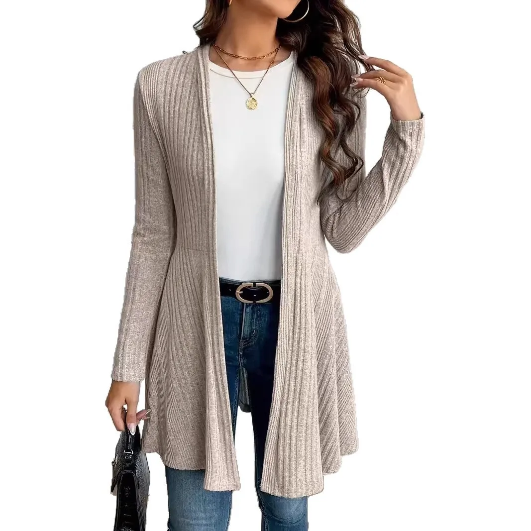 Women's Elegant Collarless Striped Cape Coat Cardigan Long Sleeve Mid Length No Button Ribbed Brushed Women's Capes And Ponchos