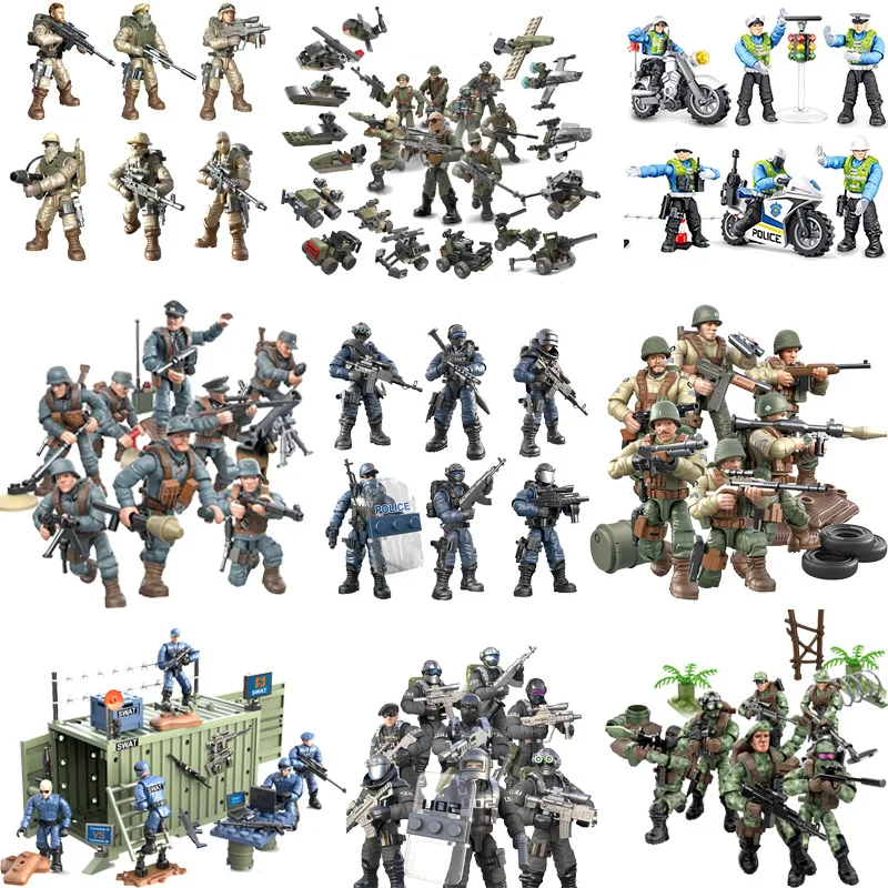 Military Army Peacekeeping Special Force Action Figures Model Set Mega Building Blocks SWAT Soldier Minifigs Weapon Brick Toys