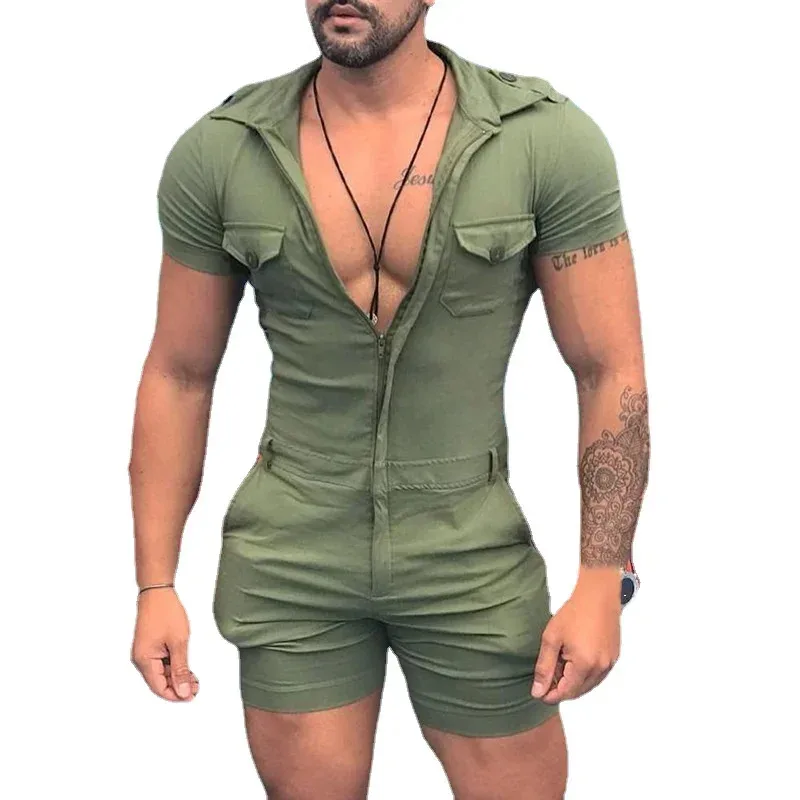 

Men Romper Jumpsuit Summer Shorts Sexy Slim Playsuit 1Piece Short Sleeves Open Utility Jumpsuit Cargo Pocket Pants Plus Size