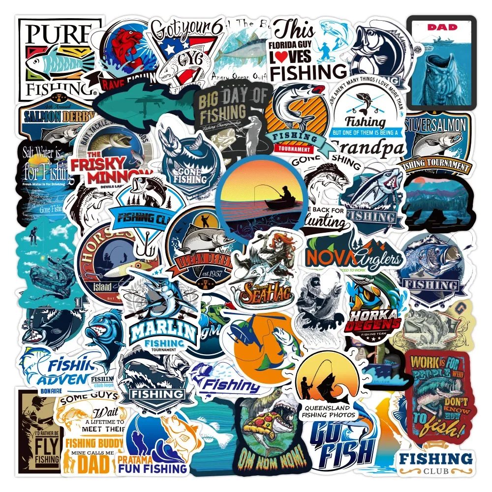 10/30/50PCS Fishing Cartoon Graffiti Waterproof Stickers Creative Trend Personality Decals Refrigerator Water CupHelmetWholesale