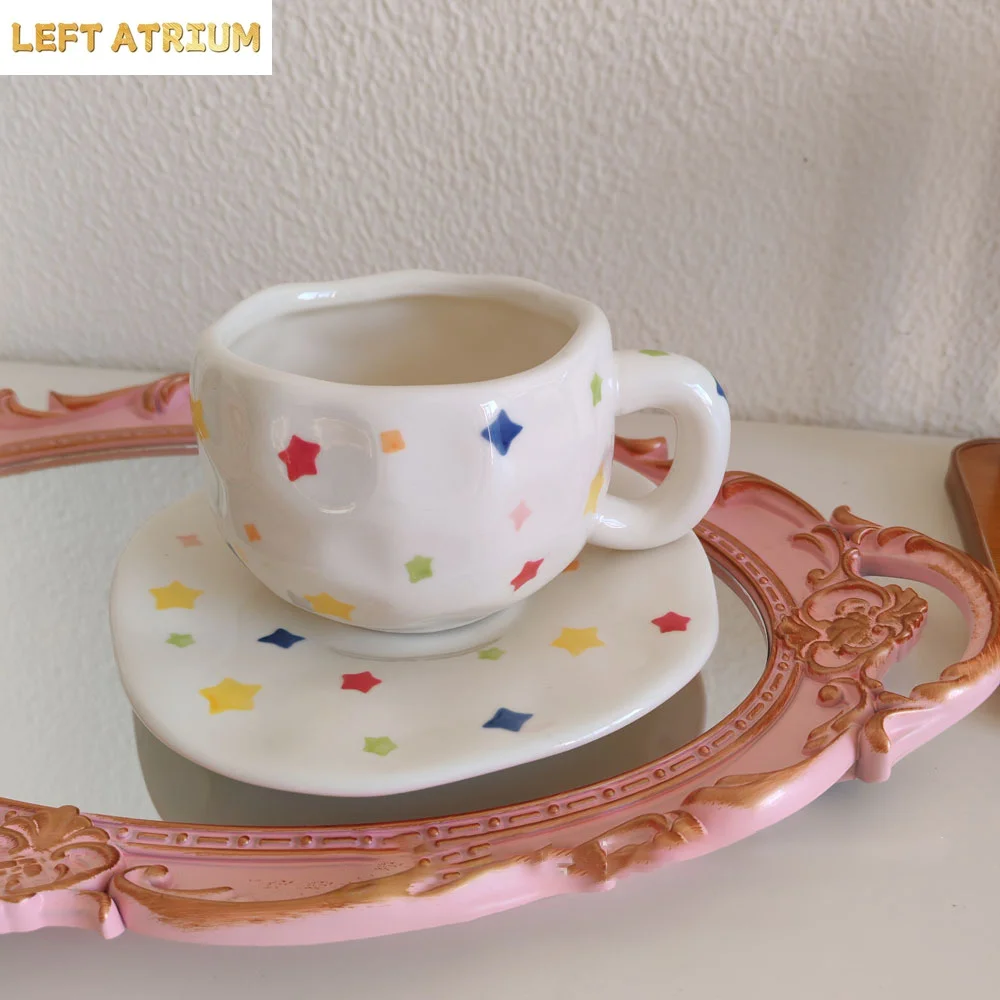 

Cute Polka Dots Ceramic Coffee Cup & Saucer Set Irregular Wavy Design Hand-painted Dish Milk Mugs Afternoon Tea Cups