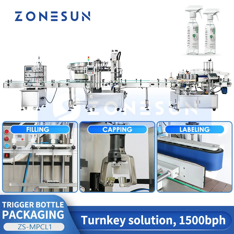 ZONESUN Automatic Trigger Bottle Packaging Production Line Aerosol Spray Liquid Filling Capping Labeling Machine ZS-MPCL1