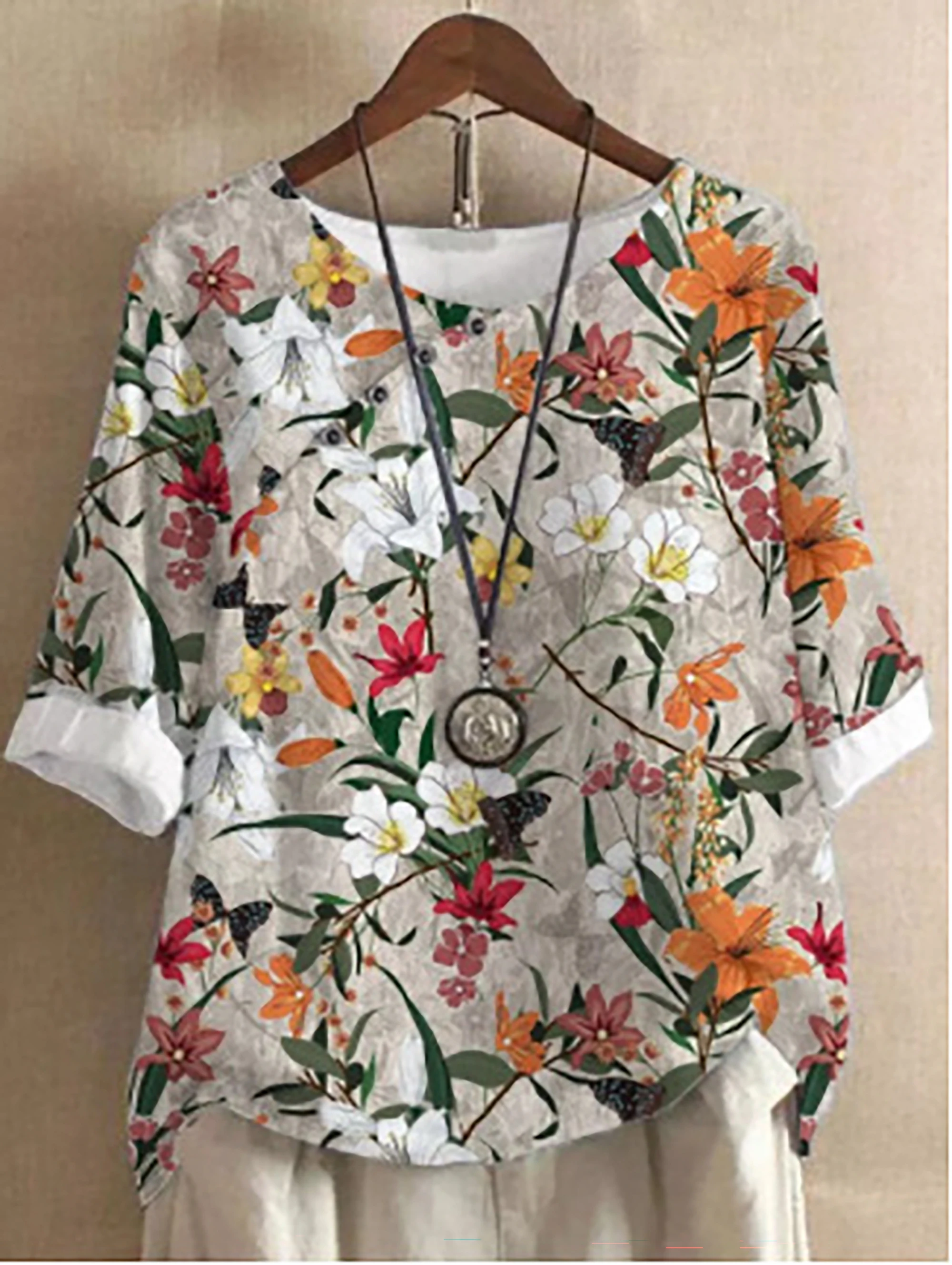 2024 summer vintage cotton and linen fashion print loose casual shirt short sleeve T-shirt woman