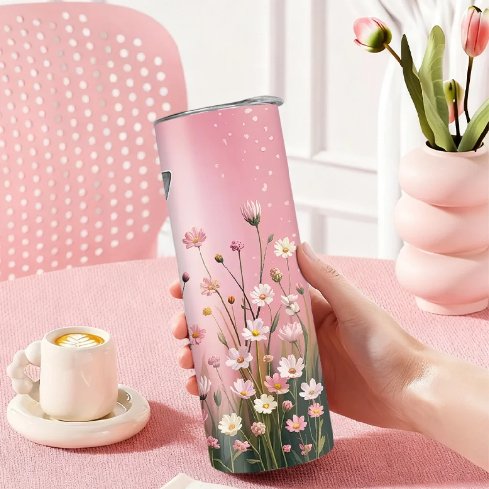 1pc Stainless Steel Water Bottle/Cup with Giraffe-in-Flowers Pattern and Straw — 20oz (591ml)