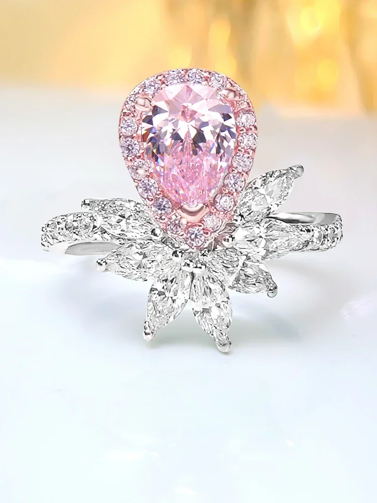 

Luxury and Minimalist 925 Silver Sweet Water Drop Pink Diamond Ring Set with High Carbon Diamond Wedding Jewelry