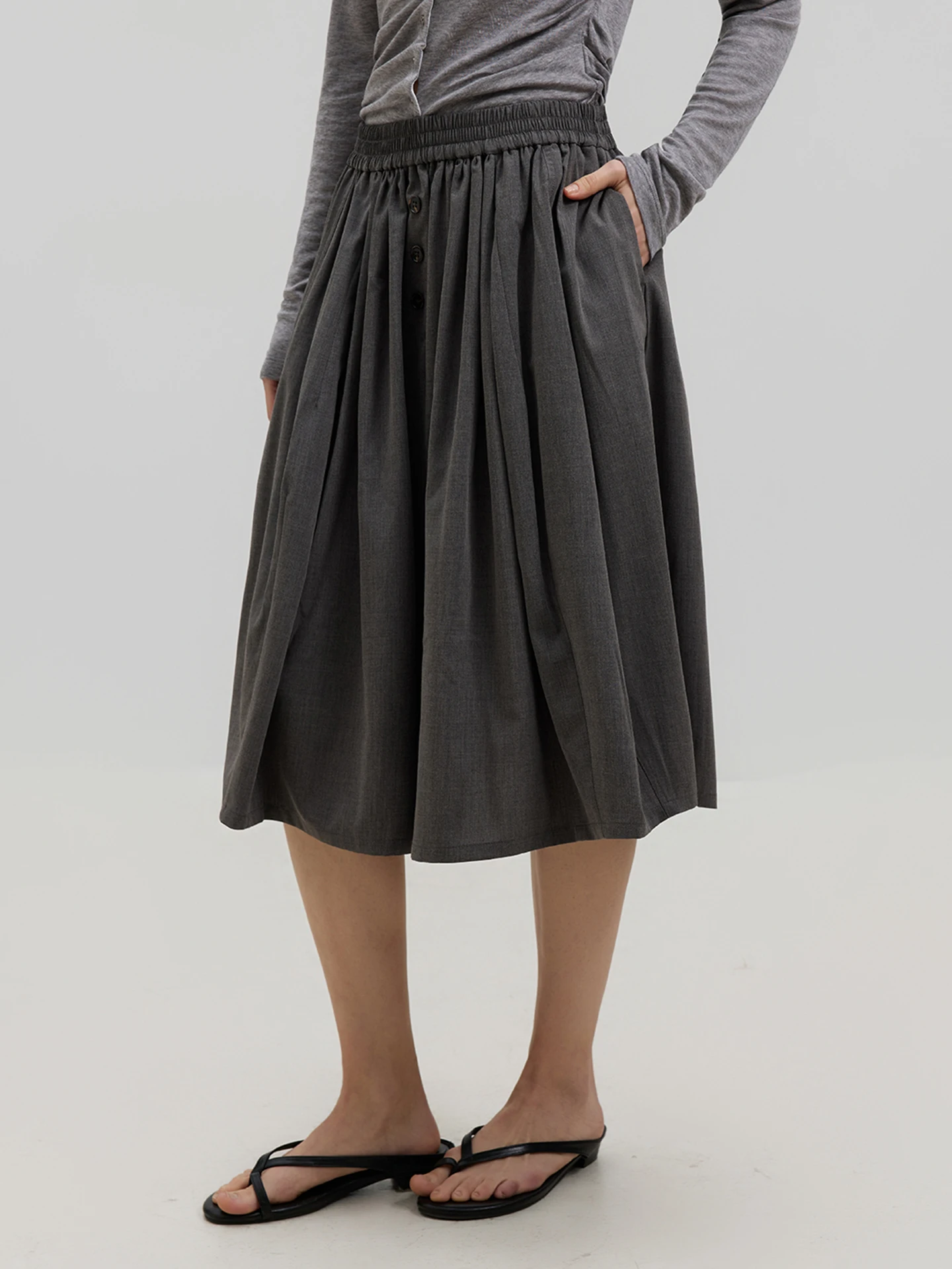 

LUR High Waist A-Line Midi Skirt Women's Business Casual Pleated Skirt Elastic Waist Suit Style Office Commute Slimming Skirt