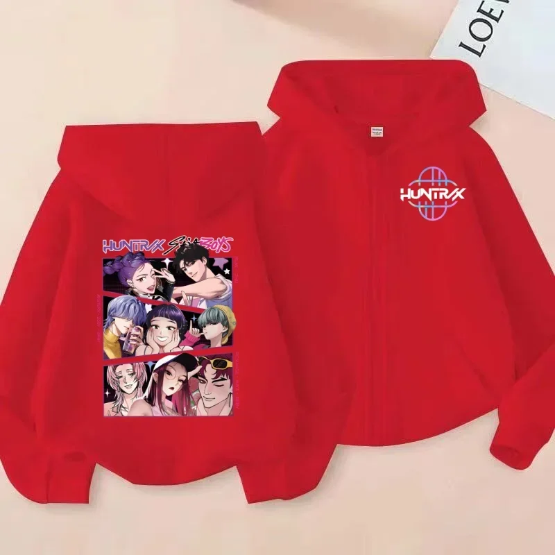 سترة بسحاب مطبوع على طراز HUNTRX الكوري، سترة صوفية بغطاء للرأس على طراز فتاة حلوة ورائعة